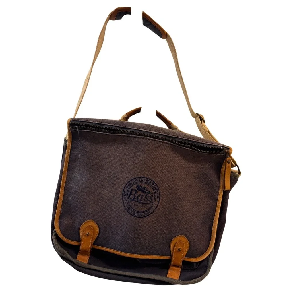 GH Bass & Co Canvas Messenger Bag Navy Blue Leather Trim Vintage Faded Satchel